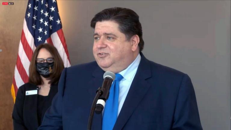 Gov. J.B. Pritzker speaks at a news conference in Champaign on Wednesday, Feb. 3, 2021. (WTTW News)