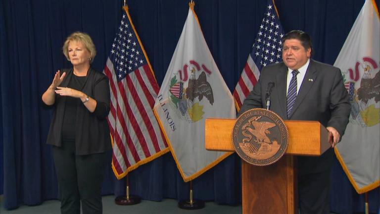 Gov. J.B. Pritzker speaks with the media on Wednesday, Oct. 14, 2020. (WTTW News)