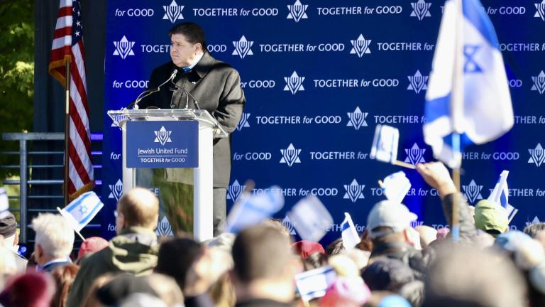 Gov. J.B. Pritzker speaks to the Jewish United Fund’s Israel solidarity gathering on Oct. 10, 2023, in Glencoe. (Credit: Governor’s Office)