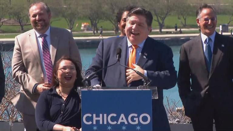 Gov. J.B. Pritzker, Sen. Tammy Duckworth and other Democrats celebrate on April 12, 2023, after Chicago was chosen to host the 2024 Democratic National Convention on April 12, 2023. (WTTW News)