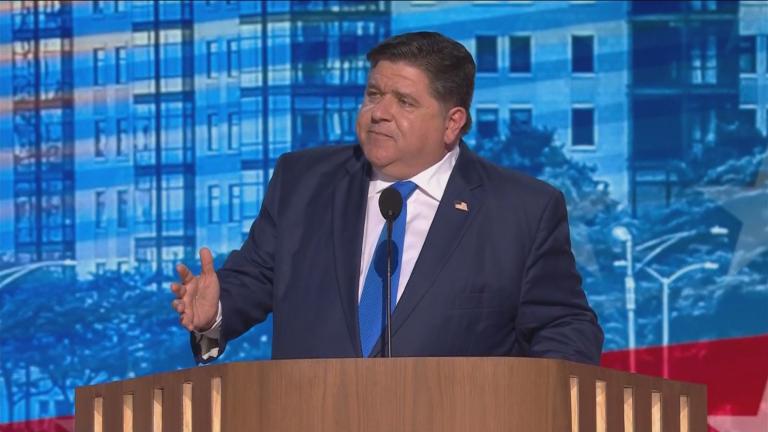 Gov. J.B. Pritzker speaks at the Democratic National Convention on Aug. 20, 2024. (WTTW News) Gov. J.B. Pritzker speaks at the Democratic National Convention on Aug. 20, 2024. (WTTW News)