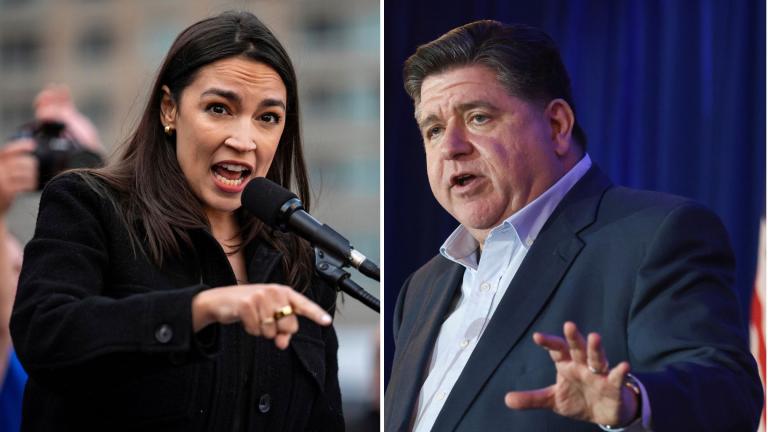 Rep. Alexandria Ocasio-Cortez (D-N.Y.) speaks at the NYCLU’s May Day on May 1, 2025, in New York. Gov. JB Pritzker speaks during the McIntyre-Shaheen 100 Club Dinner on April 27, 2025 in New Hampsire (AP Photo / Angelina Katsanis, Reba Saldanha)