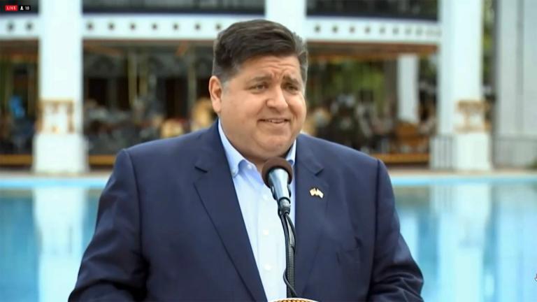 Speaking from Six Flags Great America, Gov. J.B. Pritzker gives Illinoisans "more incentive to get vaccinated," as the state moves into the bridge phase of reopening, and venues announce their summer plans, May 13, 2021. (WTTW News)
