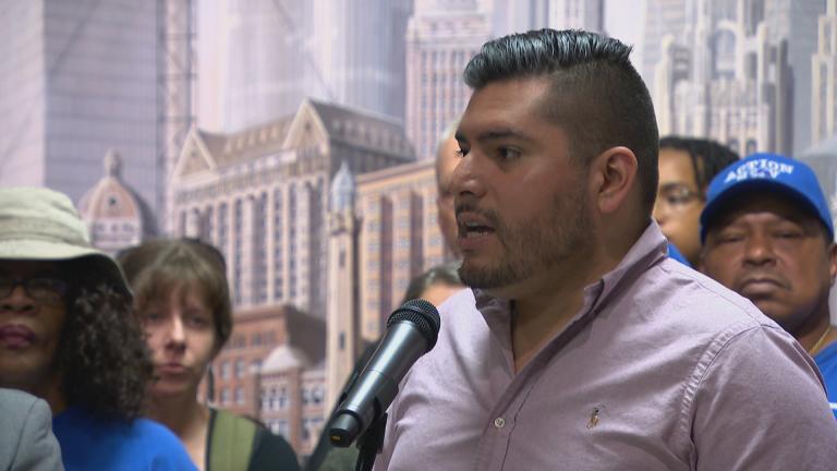 Ald. Carlos Ramirez-Rosa, 35th Ward, speaks with a coalition of progressive and labor groups Tuesday, Sept. 10, 2019. (WTTW News) 