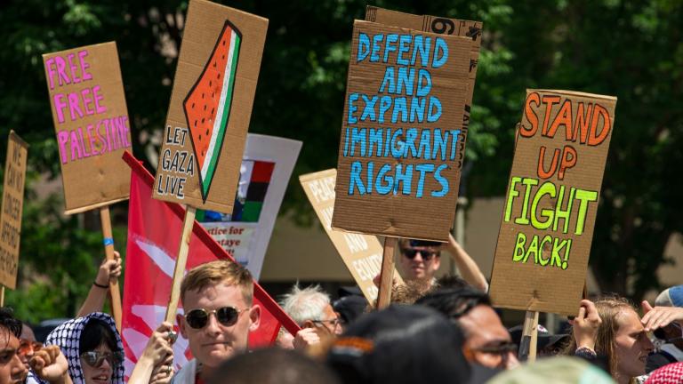 A group of protesters holds up signs that advocate for peace in Palestine, immigration rights and more during a July 15, 2024, protest coordinated by The Coalition to March on the RNC 2024. (Michael Izquierdo / WTTW News)