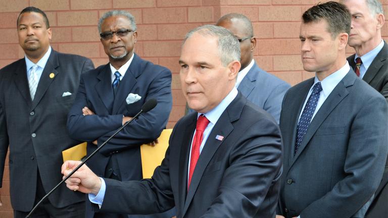 Former EPA Administrator Scott Pruitt speaks to the press after meeting with residents of East Chicago's lead-contaminated neighborhoods in April 2017. (Chicago Tonight file photo)