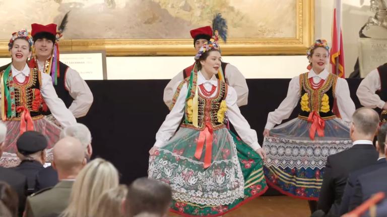 Wesoly Lud Polish Folk Dance Company of PRCUA perform during a Pulaski Day celebration at the Polish Museum of America in West Town on March 3, 2025. (Courtesy of Polish Museum of America live stream)