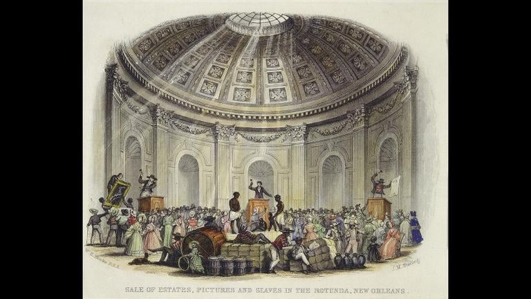 A watercolor engraving by William Henry Brooke from a slave auction in New Orleans, 1842 (Courtesy of The Historic New Orleans Collection)