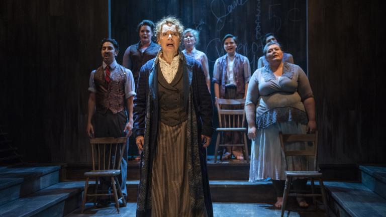 Barbara E. Robertson, center, with, from left, Max J. Cervantes, Neala Barron, Liz Chidester, Hannah Starr, Liz Bollar and Maryam Abdi in Firebrand Theatre’s Chicago premiere of “Queen of the Mist.” (Photo by Michael Brosilow)