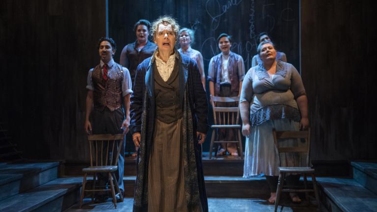 Barbara E. Robertson, center, with, from left, Max J. Cervantes, Neala Barron, Liz Chidester, Hannah Starr, Liz Bollar and Maryam Abdi in Firebrand Theatre’s Chicago premiere of “Queen of the Mist.” (Photo by Michael Brosilow) Barbara E. Robertson, center, with, from left, Max J. Cervantes, Neala Barron, Liz Chidester, Hannah Starr, Liz Bollar and Maryam Abdi in Firebrand Theatre’s Chicago premiere of “Queen of the Mist.” (Photo by Michael Brosilow)