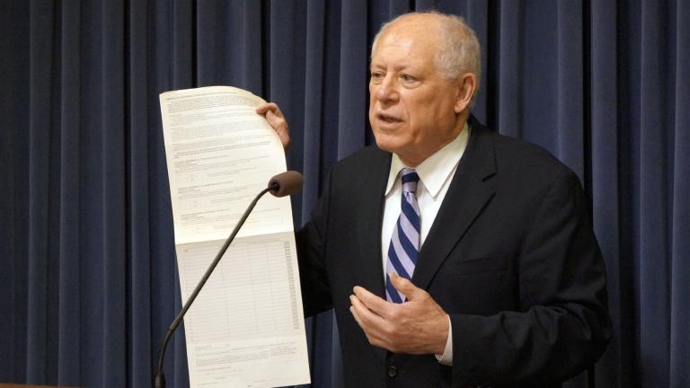 Former Gov. Pat Quinn, a Democrat from Chicago, is pictured at a state Capitol news conference Tuesday, March 5, 2024, to promote ethics reforms. He and Republican Rep. Ryan Spain, of Peoria, spoke in favor of a constitutional amendment that would allow citizens to propose ethics-related constitutional amendments on the ballot through petitions. (Peter Hancock / Capitol News Illinois)