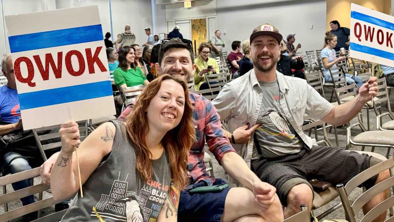 Fans of the black-crowned night heron show their support at the Great Bird Debate. "Qwok" is the bird's signature sound. (Patty Wetli / WTTW News)