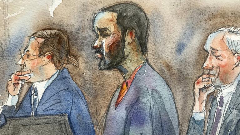 In this courtroom sketch, R&B singer R. Kelly, center, listens in federal court with his attorneys Doug Anton, left, and Steve Greenberg during his arraignment, Friday, Aug. 2, 2019 in New York. (Aggie Kenny via AP)