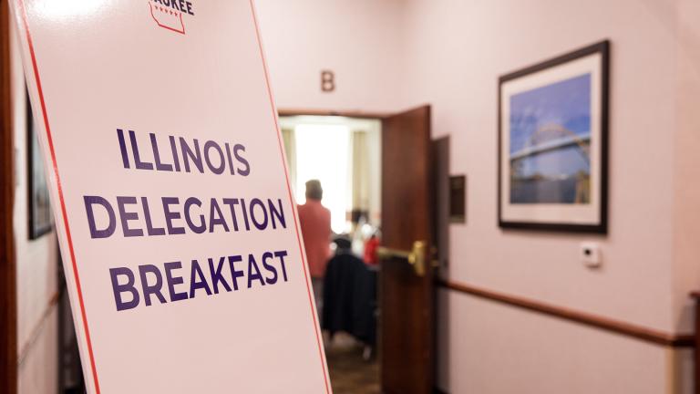 Illinois delegates gathered to mark the start of the Republican National Convention on July 15, 2024. (Michael Izquierdo / WTTW News)