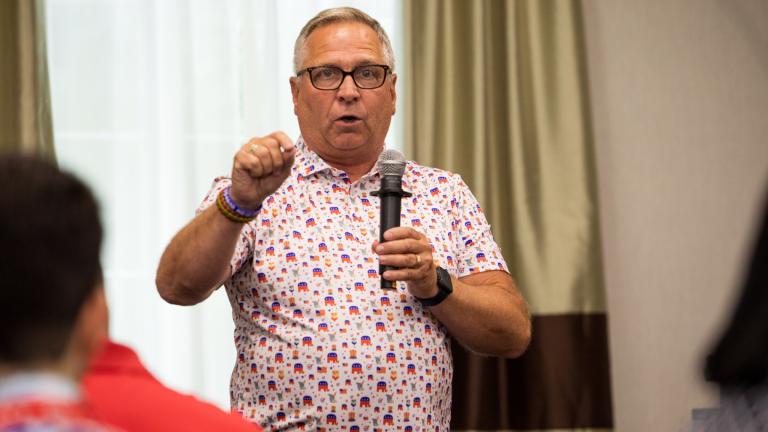 U.S. Rep. Mike Bost speaks at the Illinois Delegates Breakfast at the Comfort Suites Milwaukee Airport on Monday, July 15, 2024. (Michael Izquierdo / WTTW News)