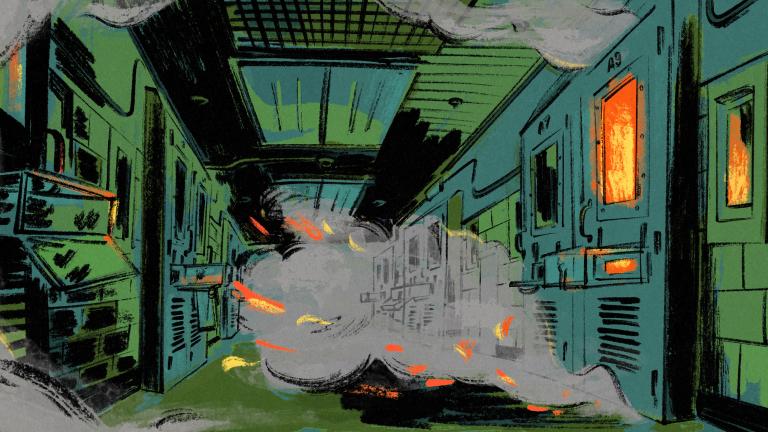 An illustration shows flames behind a prison cell door as smoke billows into a green hallway.