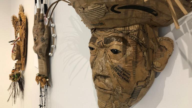 Self-taught artist GuarAcibo shaped and crafted the discarded cardboard into an exhibition he calls “La Mudanza.” (Marc Vitali / WTTW News)