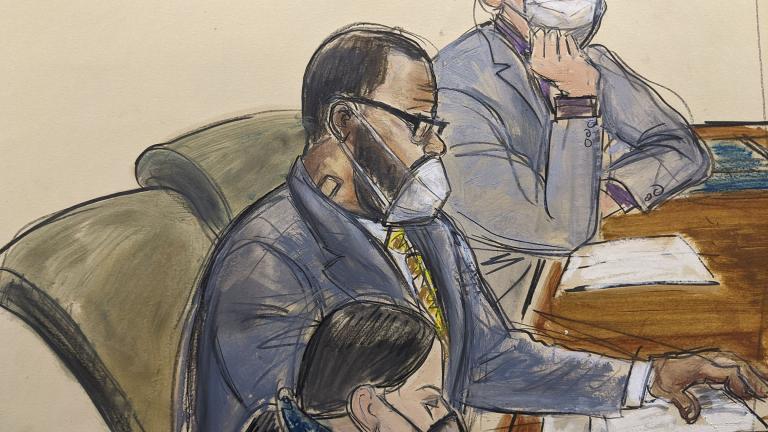 In this courtroom sketch, R. Kelly, center, sits with his defense attorneys Thomas Farinella, top, and Nicole Blank Becker during the first day of his defense in his sex trafficking case, Monday, Sept. 20, 2021, in New York. (AP Photo / Elizabeth Williams)