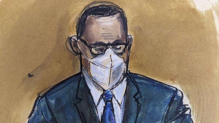 In this courtroom sketch, R. Kelly listens as the jury foreperson reads the verdict, Monday, Sept. 27, 2021, in New York. (AP Photo / Elizabeth Williams)