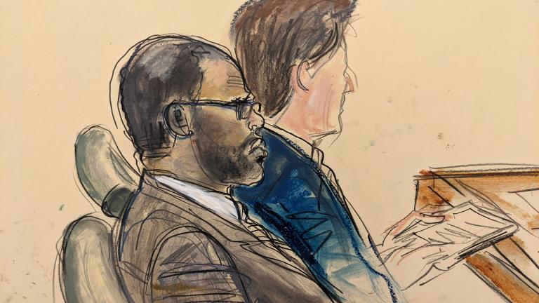 In this courtroom artist’s sketch made from a video screen monitor of a Brooklyn courtroom, defendant R. Kelly, left, listens during the opening day of his trial, Wednesday, Aug. 18, 2021 in New York. (AP Photo / Elizabeth Williams)
