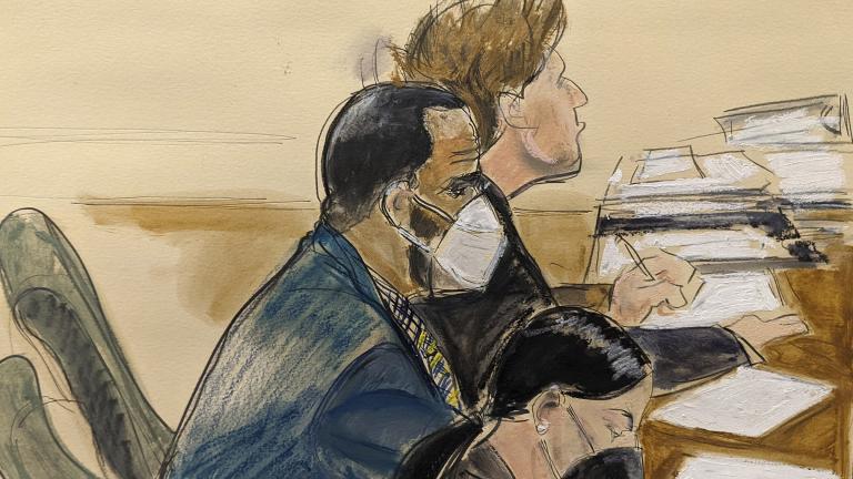 In this courtroom artist’s sketch R. Kelly, left, listens during his trial in New York, Thursday, Aug. 26, 2021. (AP Photo / Elizabeth Williams)