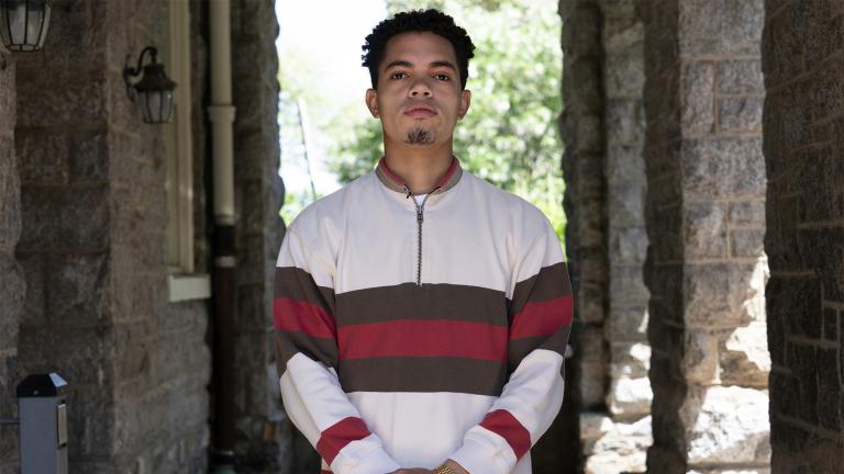 Shepard Thomas, a recent Georgetown University graduate and a descendant of slaves sold by Jesuits to keep the school open, poses for a portrait on the campus in Washington on Thursday, May 6, 2021.  (AP Photo / Jacquelyn Martin)