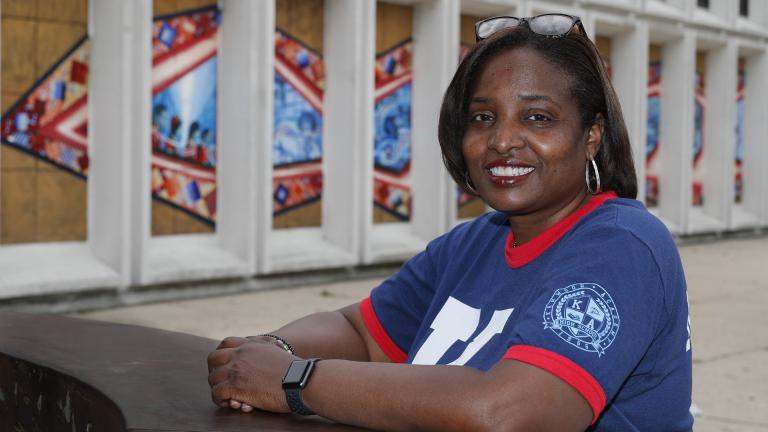 Karen Calloway, principal of Kenwood Academy in Chicago, poses Tuesday, July 28, 2020, for a portrait outside the Hyde Park neighborhood campus. (AP Photo / Charles Rex Arbogast)