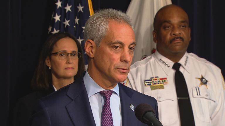 In this Aug. 29, 2017 file photo, Mayor Rahm Emanuel, Illinois Attorney General Lisa Madigan and Chicago Police Superintendent Eddie Johnson discuss developments in court oversight of police reform.