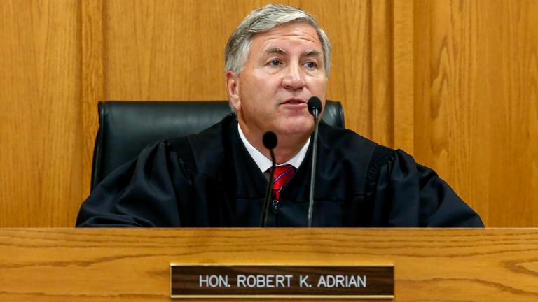 FILE - Judge Robert Adrian presides over court on Aug. 26, 2020, in Adams County, Ill. (Jake Shane / Quincy Herald-Whig via AP, File)