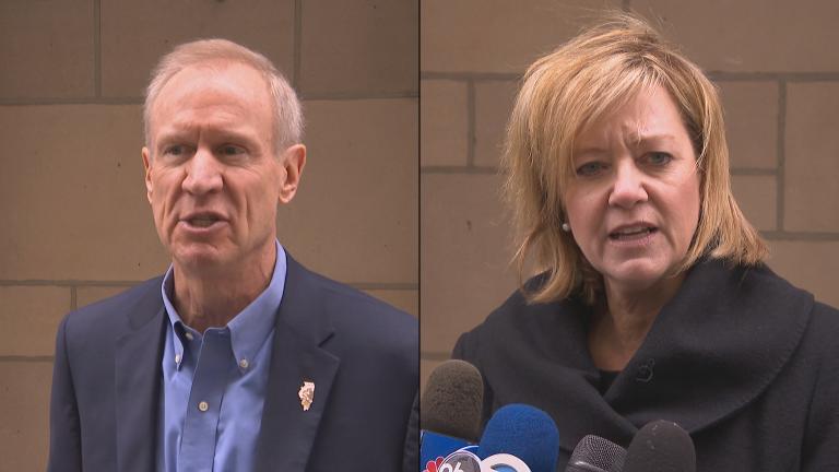 Gov. Bruce Rauner and state Rep. Jeanne Ives, R-Wheaton, speak to the media Monday following a debate at the Chicago Tribune.