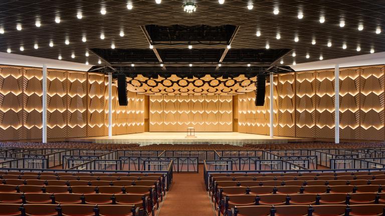 This image released by Ravinia shows the interior of the renovated Hunter Pavilion in Highland Park, Ill., on July 1, 2026. (Dave Burk/Ravinia via AP)