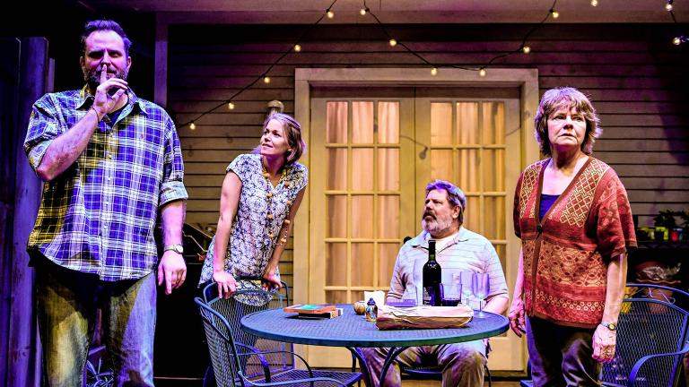 From left: Joseph Wiens, Cortney McKenna, H.B. Ward and Linda Reiter in Shattered Globe Theatre and Theater Wit’s Chicago premiere of “The Realistic Joneses.” (Photo by Evan Hanover)