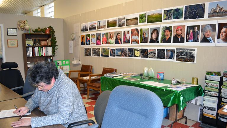 Peggy Salazar, director of the Southeast Environmental Task Force, works in the group's Hegewisch office in March. (Alex Ruppenthal / Chicago Tonight)