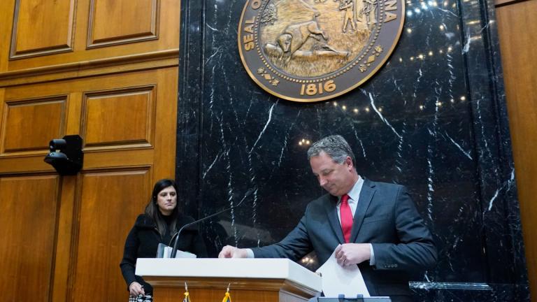 Indiana Republican House Speaker Todd Huston leaves the podium in the house chamber at the Statehouse, Jan. 8, 2024, in Indianapolis. (AP Photo/Darron Cummings, File)
