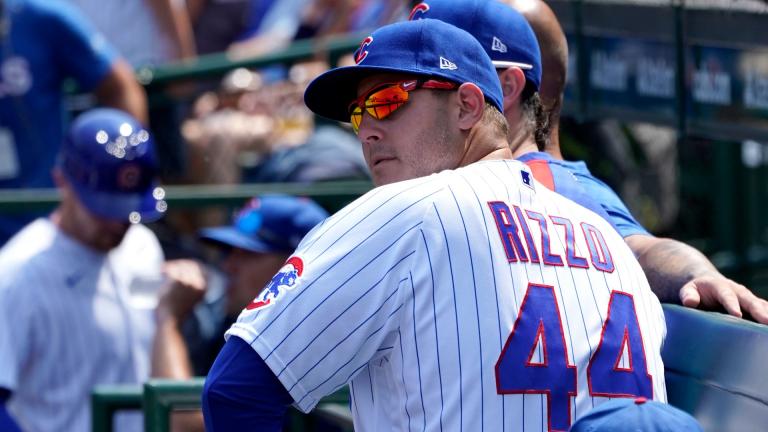 Chicago Cubs’ Anthony Rizzo sits on the bench during a baseball game against the Cincinnati Reds Thursday, July 29, 2021, in Chicago. (AP Photo / Charles Rex Arbogast)