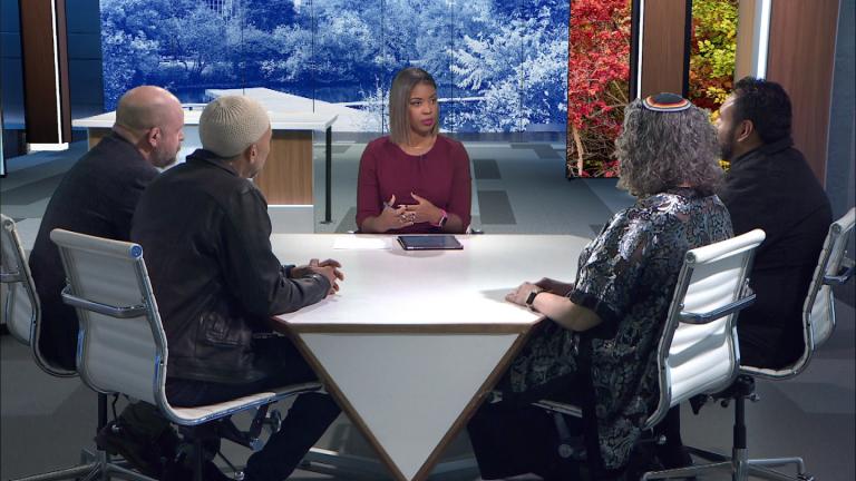Local religious leaders appear on “Chicago Tonight” on Oct. 28, 2025. From left to right: the Rev. Quincy Worthington, Rami Nashashibi, “Chicago Tonight” anchor Brandis Friedman, rabbi Rachel Weiss and the Rev. Juan Vargas. (WTTW News)