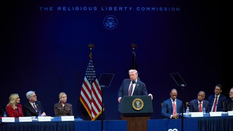 FILE - President Donald Trump speaks to the White House Religious Liberty Commission during an event at the Museum of the Bible, Sept. 8, 2025, in Washington. (AP Photo / Evan Vucci, File)