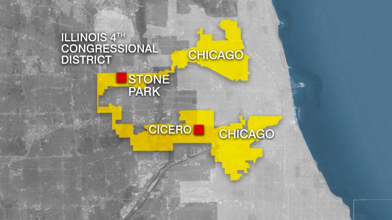 Illinois’ oddly shaped 4th Congressional District. (WTTW News)