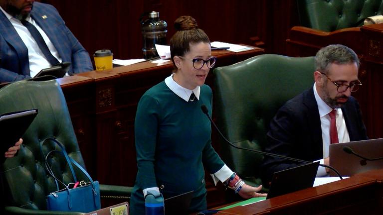 State Rep. Mary Beth Canty, D-Arlington Heights, pictured Thursday, May 9, 2024, during House floor debate of Senate Bill 1, which would create a new state agency dubbed the Department of Early Childhood. (Andrew Campbell / Capitol News Illinois)