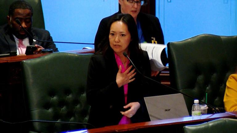 State Rep. Janet Yang Rohr urges passage of a bill to let high school athletes compete simultaneously on school teams and in non-school events during debate on the House floor Wednesday, April 9, 2025. (Andrew Campbell / Capitol News Illinois)