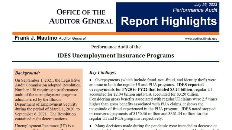 A screenshot shows the main finding of a state audit of unemployment fraud that occurred amid the COVID-19 pandemic. (Credit: Illinois Auditor General's Office)