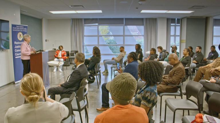 Judge Patricia Spratt presides over the North Lawndale Restorative Justice Community Court. A still from "Firsthand: Peacekeepers." (WTTW)