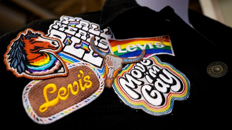 A jacket with patches from Levi's Pride collection is displayed at a Levi's Store in downtown Chicago, Monday, June 10, 2024. (Nam Y. Huh / AP Photo)