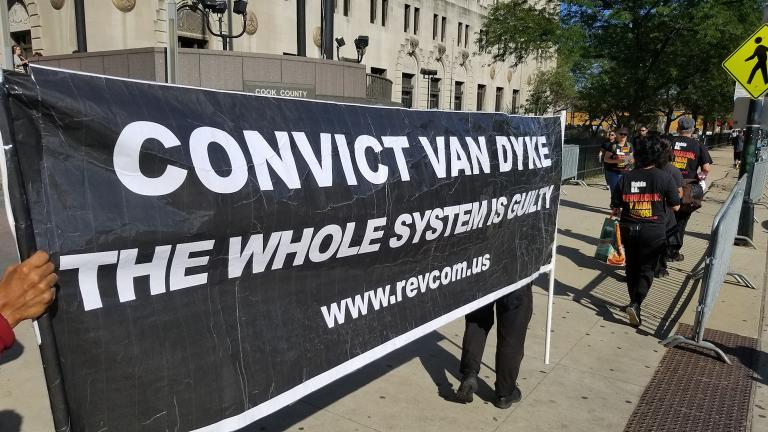 Protesters stand outside the Leighton Criminal Court building Monday, Sept. 10, 2018, the first day of jury selection in Jason Van Dyke’s murder trial. (Matt Masterson / Chicago Tonight) Protesters stand outside the Leighton Criminal Court building Monday, Sept. 10, 2018, the first day of jury selection in Jason Van Dyke’s murder trial. (Matt Masterson / Chicago Tonight)
