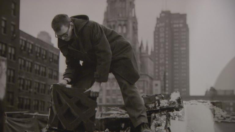 An image of photographer and preservationist Richard Nickel on display at a Driehaus Museum exhibition. (WTTW News)