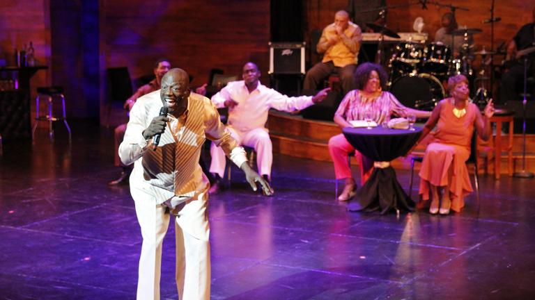 From left: Theo Huff (obscured), Rick Stone, Dwight Neal, Lamont “Harmonica Man” Harris, Cynthia Carter and Rhonda Preston in “Rick Stone the Blues Man” at Black Ensemble Theater. (Credit: Alan Davis)