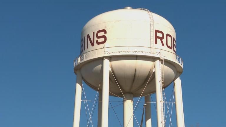 The village of Robbins water tower is pictured on Dec. 1, 2022. (WTTW News)