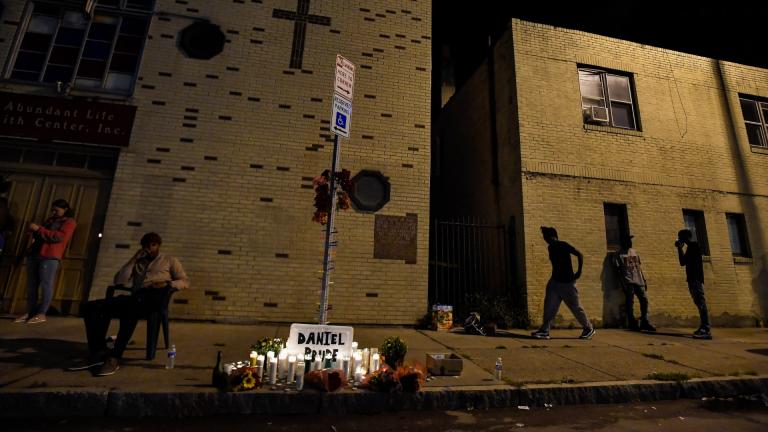 A makeshift memorial is set up, Wednesday, Sept. 2, 2020, in Rochester, N.Y., near the site where Daniel Prude was restrained by police officers. (AP Photo / Adrian Kraus)