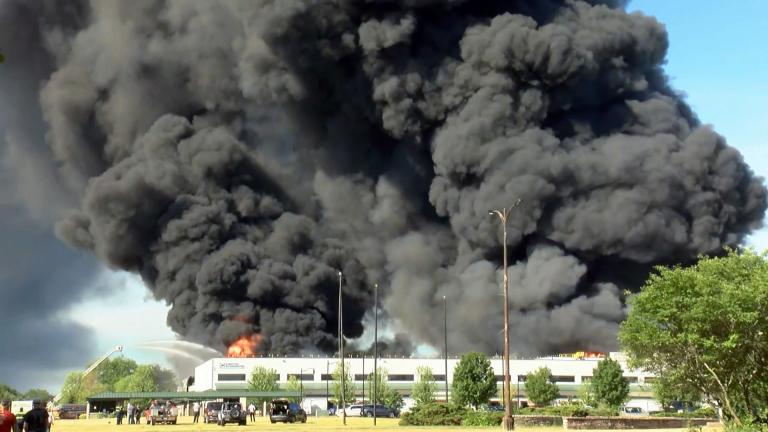 Officials said dozens of employees at Chemtool Inc. were safely evacuated following an explosion and fires at the plant in Rockton, Illinois. (WTTW News via CNN)