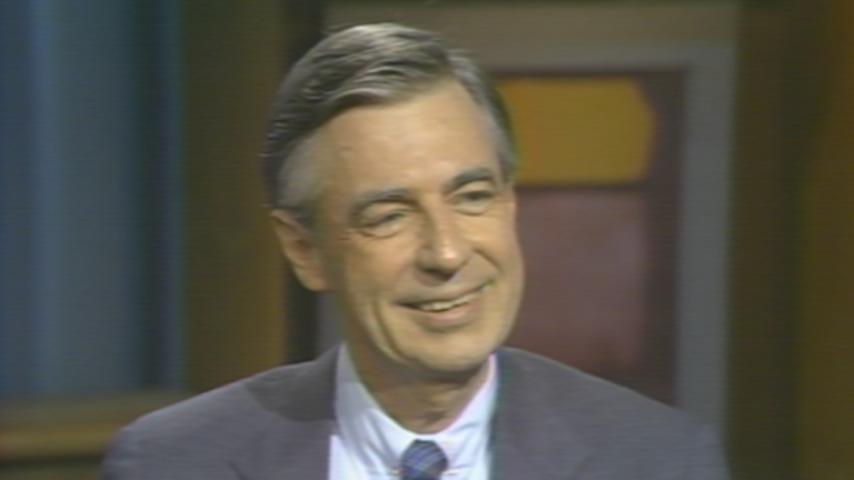 A still image taken from a 1985 video featuring Fred Rogers in conversation with “Chicago Tonight” host John Callaway. (WTTW News)